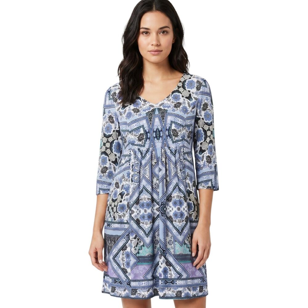 J. Jill High Waist Blue Floral Rayon Blend Midi Dress - Small